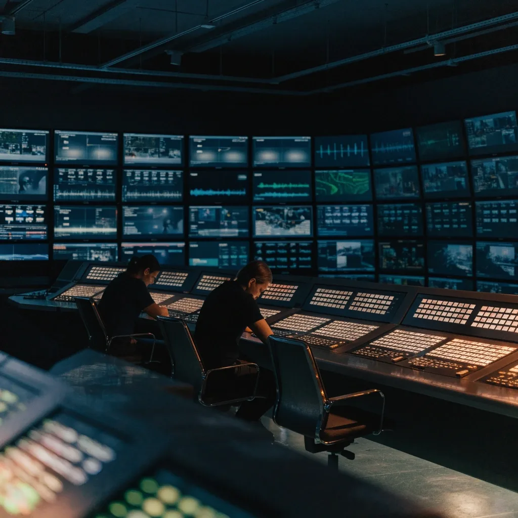 Galería de control de un canal de televisión con dos operadores ante la mesa de realización