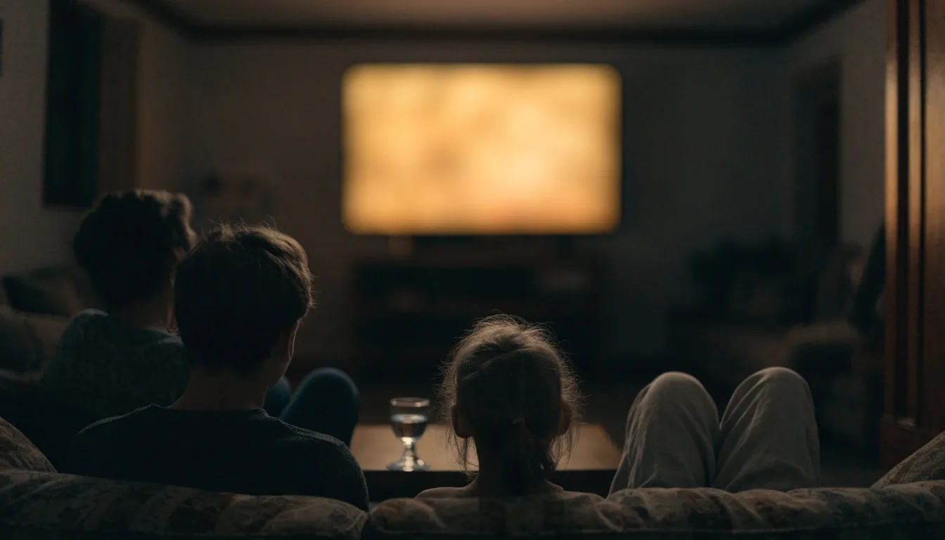 Familia sentada en el sofá de casa mirando la televisión en abierto por la noche, con la pantalla fuera de foco