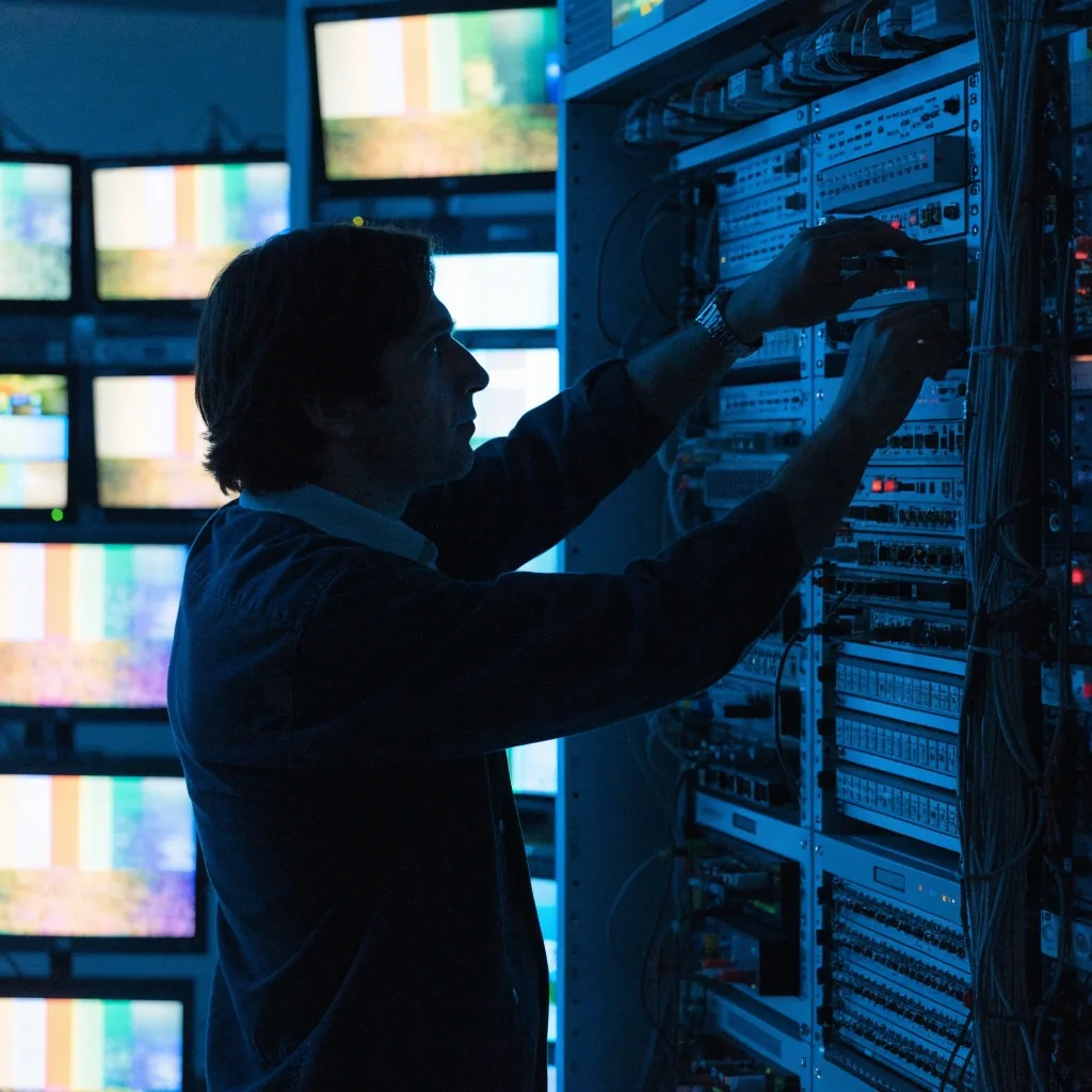 Operadores en la sala de control de un canal de televisión en abierto revisando señales en varios monitores de emisión