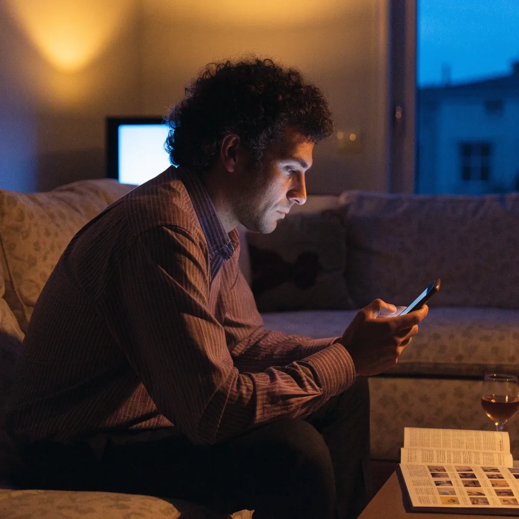 Pareja en un salón español consultando la programación de televisión al atardecer