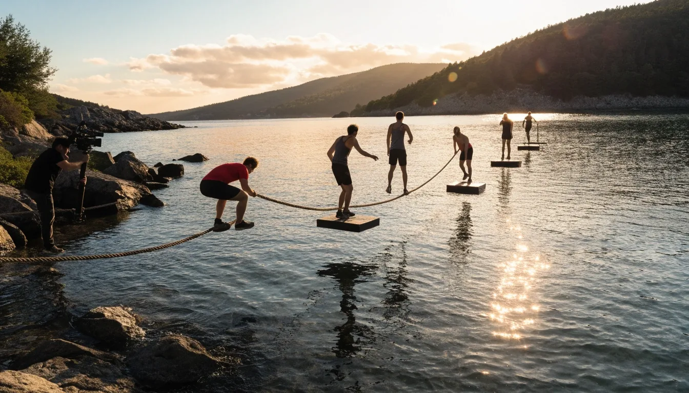 Prueba de un reality de supervivencia al atardecer con participantes en un circuito sobre el agua y un operador de cámara