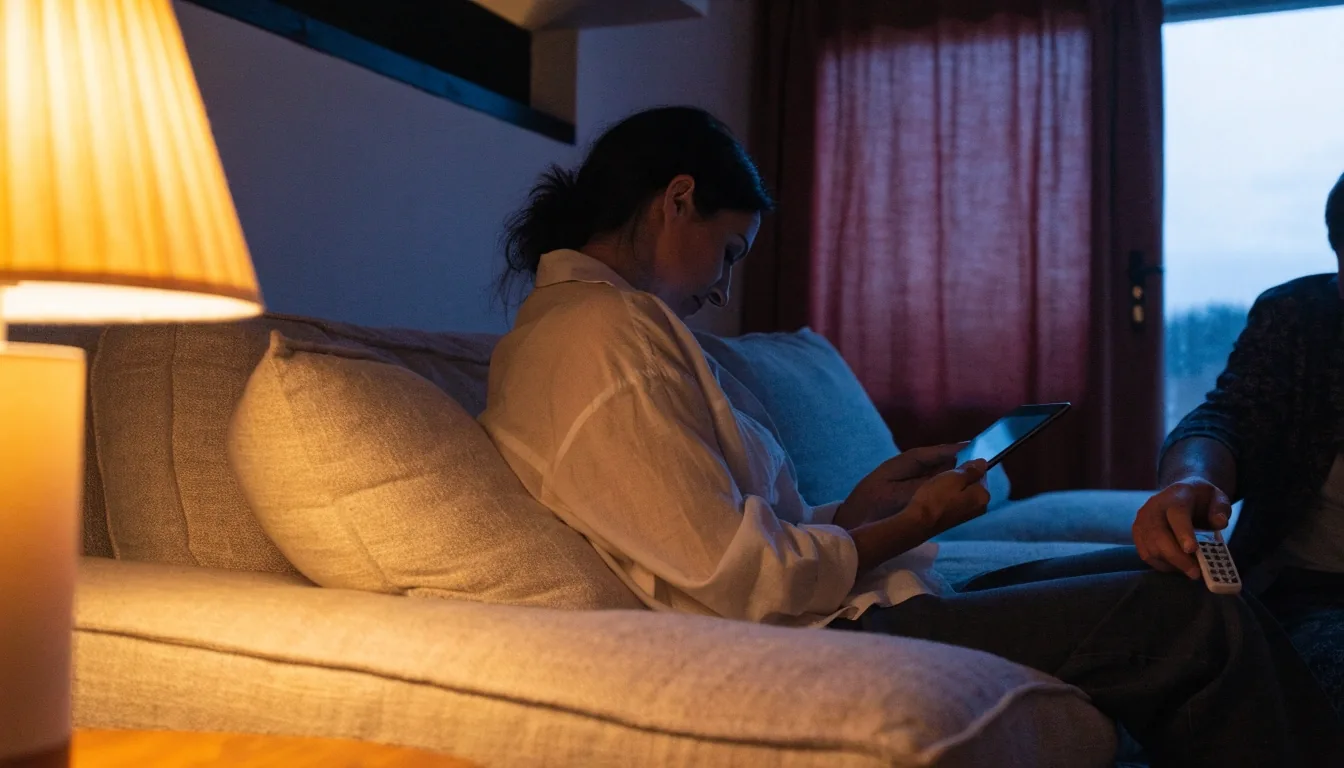 Dos personas eligen qué ver en una plataforma de streaming desde el salón de casa al atardecer