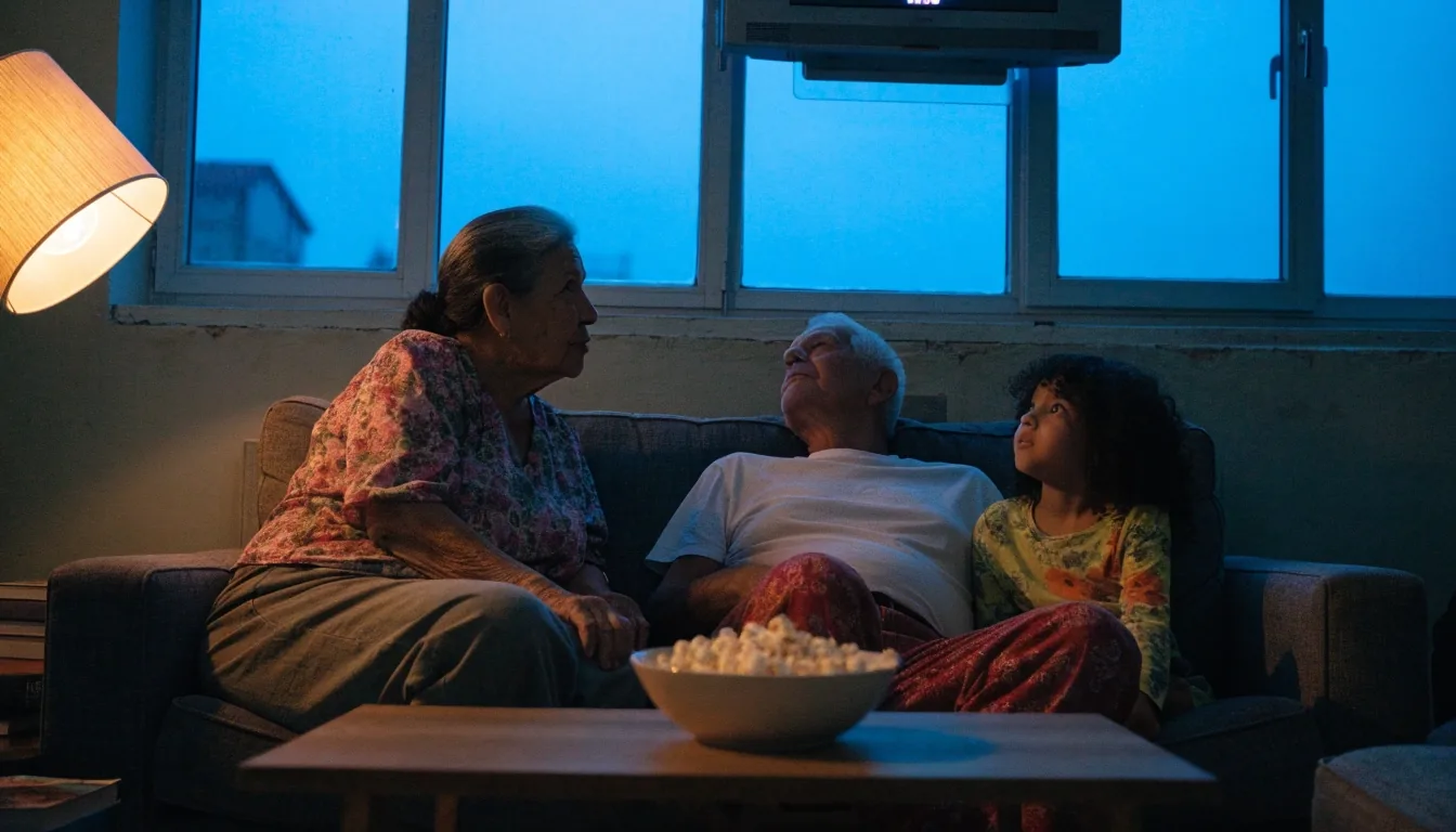 Familia viendo una plataforma de catálogo familiar en el salón de casa