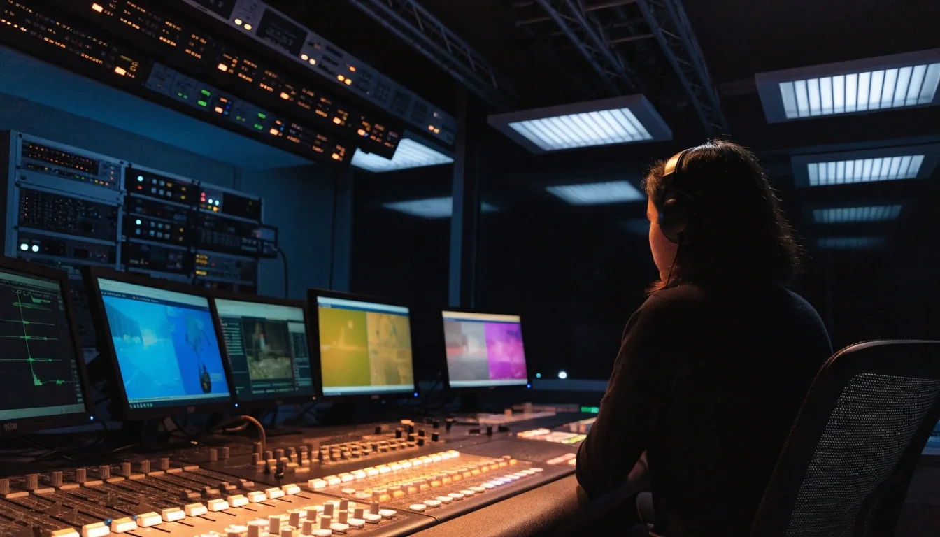 Sala de control de una televisión autonómica durante la emisión de un programa