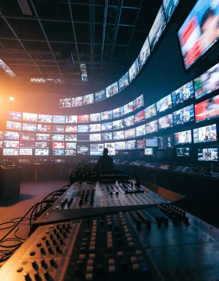 Sala de control de televisión con varios monitores encendidos durante una emisión nocturna