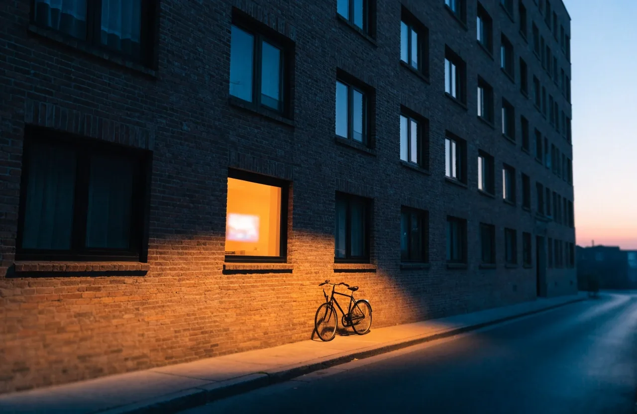 Ventana iluminada de un salón al anochecer con el resplandor de un televisor encendido