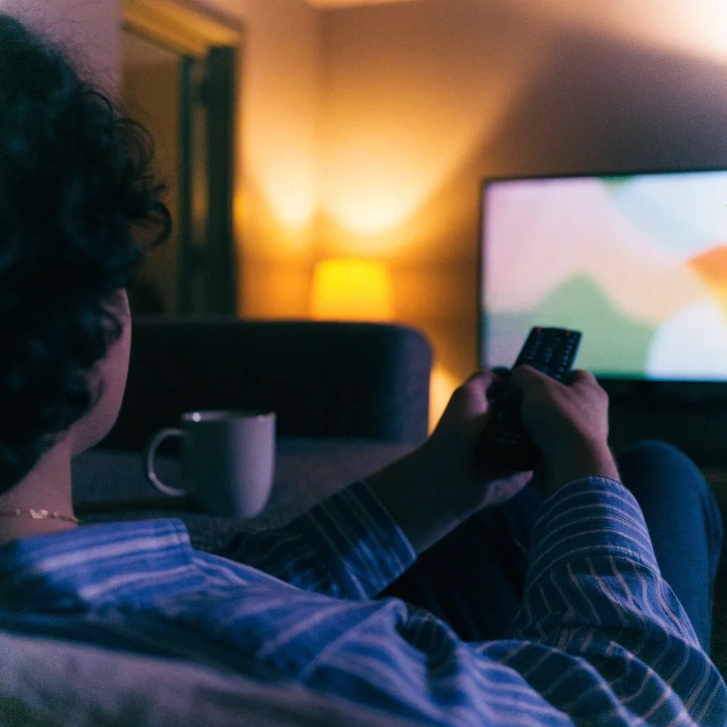 Salón español por la noche con el televisor encendido al fondo y su luz cálida sobre el sofá