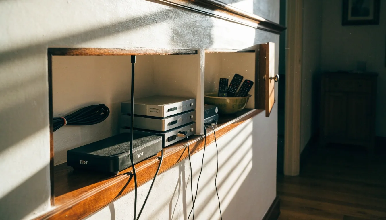 Decodificador de TDT y reproductores de streaming apilados junto a la pared de un salón