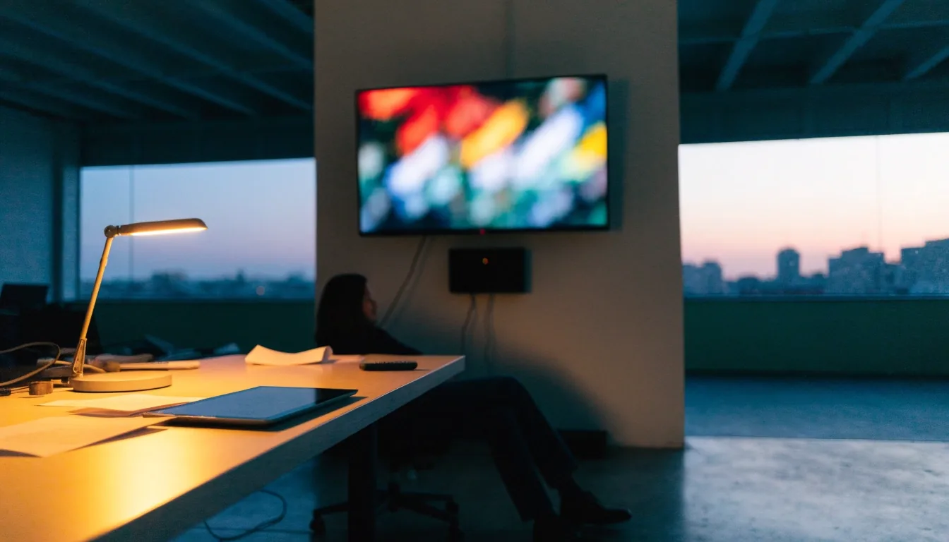 Editor en la sala de visionado de un centro de emisión, con monitores encendidos al fondo