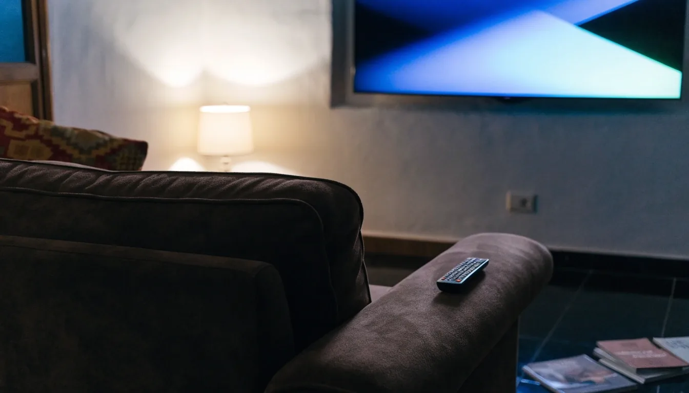 Salón español por la noche con el televisor encendido y un mando sobre el sofá