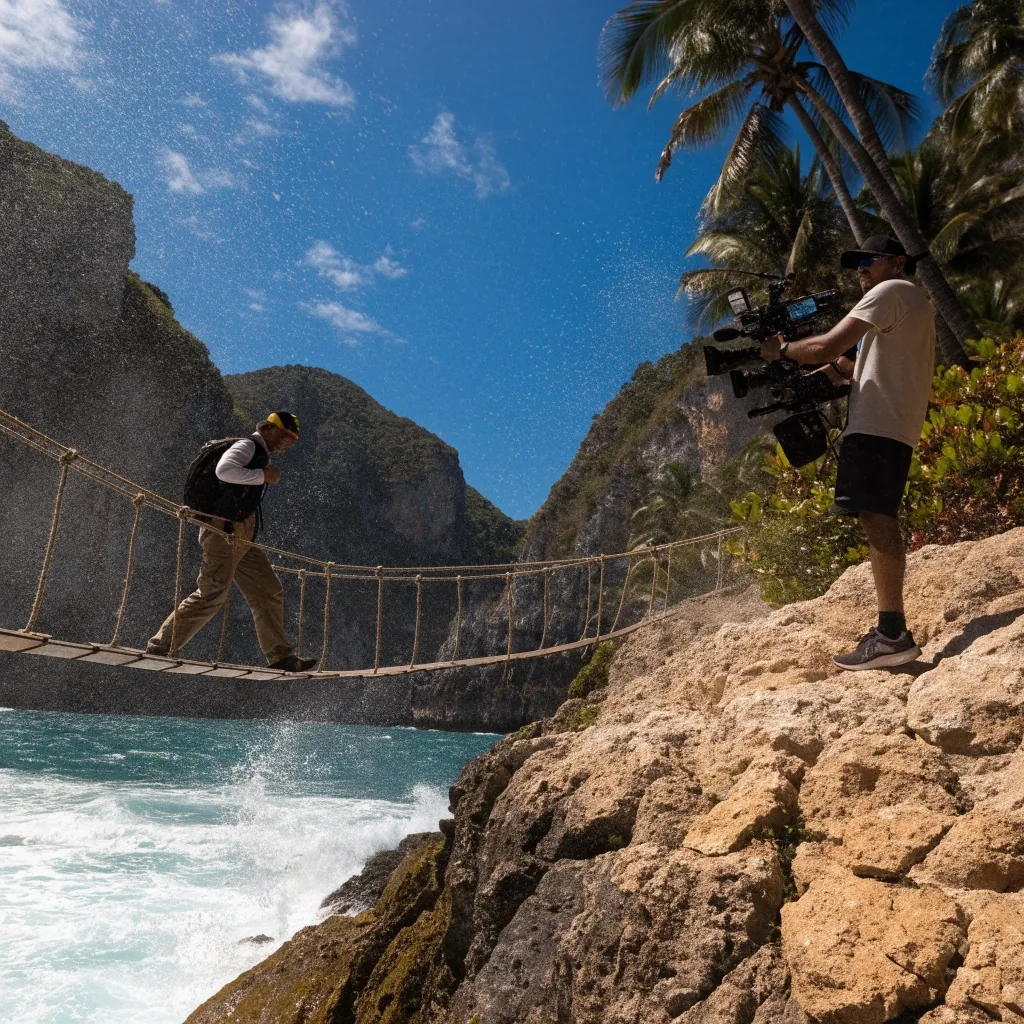 Concursante cruzando un puente de cuerdas sobre el mar mientras un operador de cámara graba desde la orilla