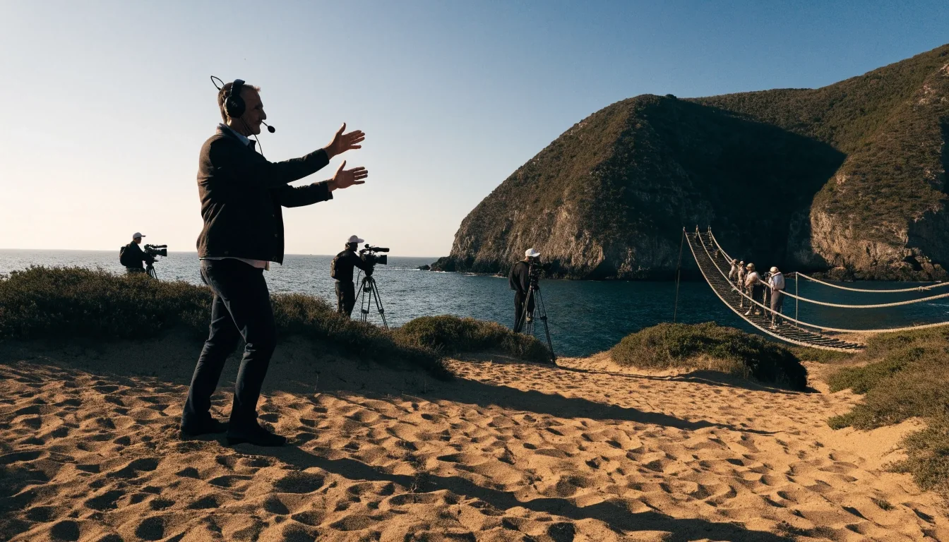 Plató exterior de televisión al atardecer junto al mar con focos y equipo técnico