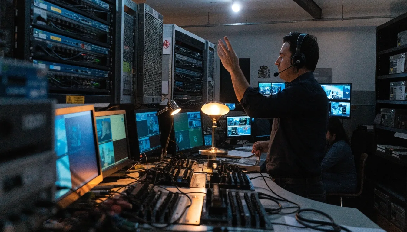 Sala de control de televisión con técnicos siguiendo una emisión en directo desde la galería