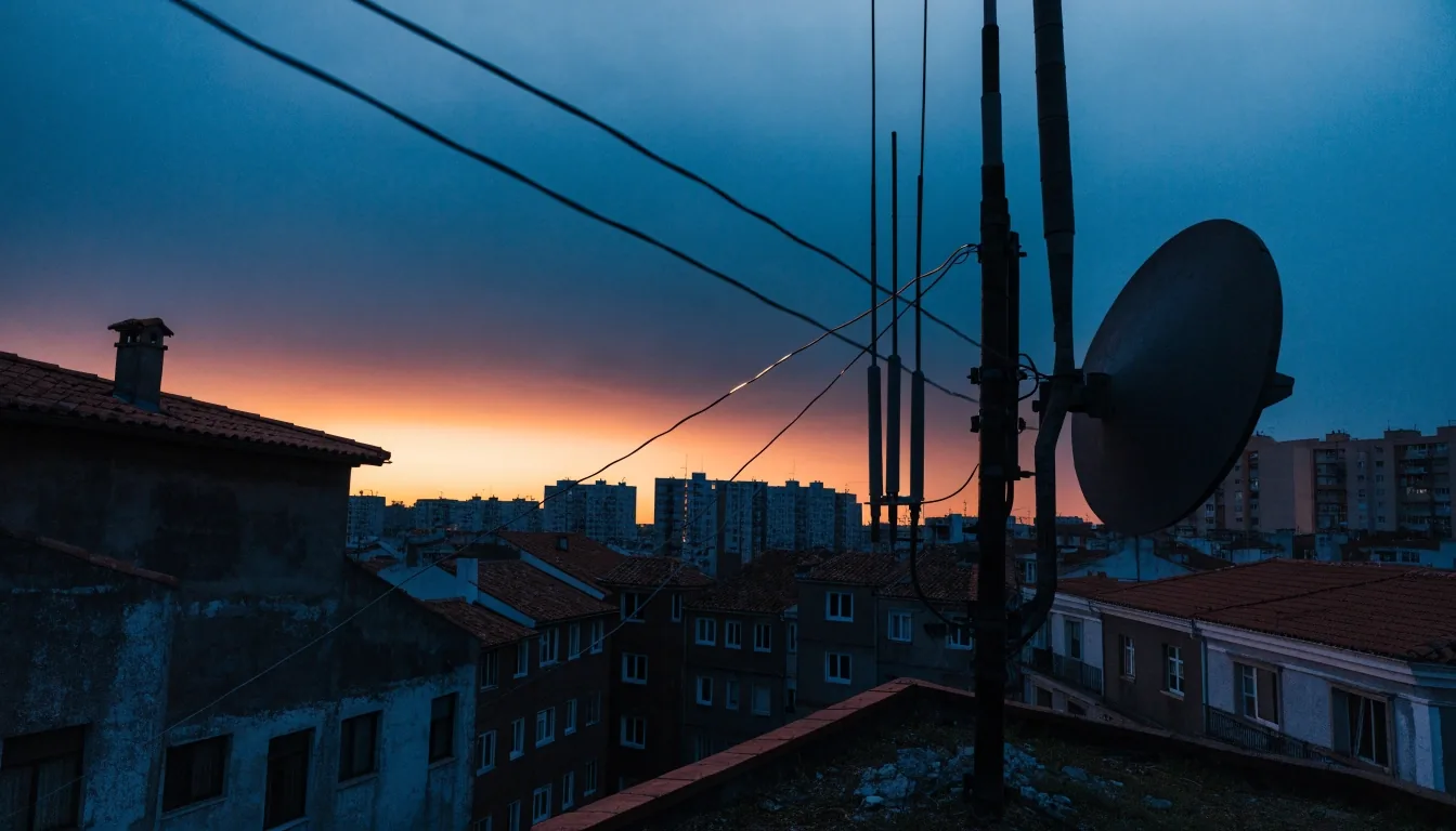 Antenas de televisión sobre tejados de una ciudad española al atardecer
