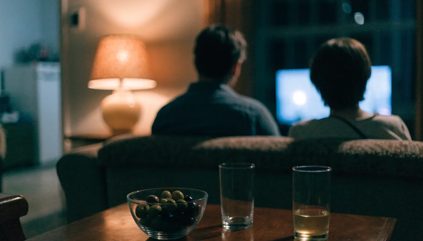 Familia viendo la televisión en un salón con luz cálida de tarde