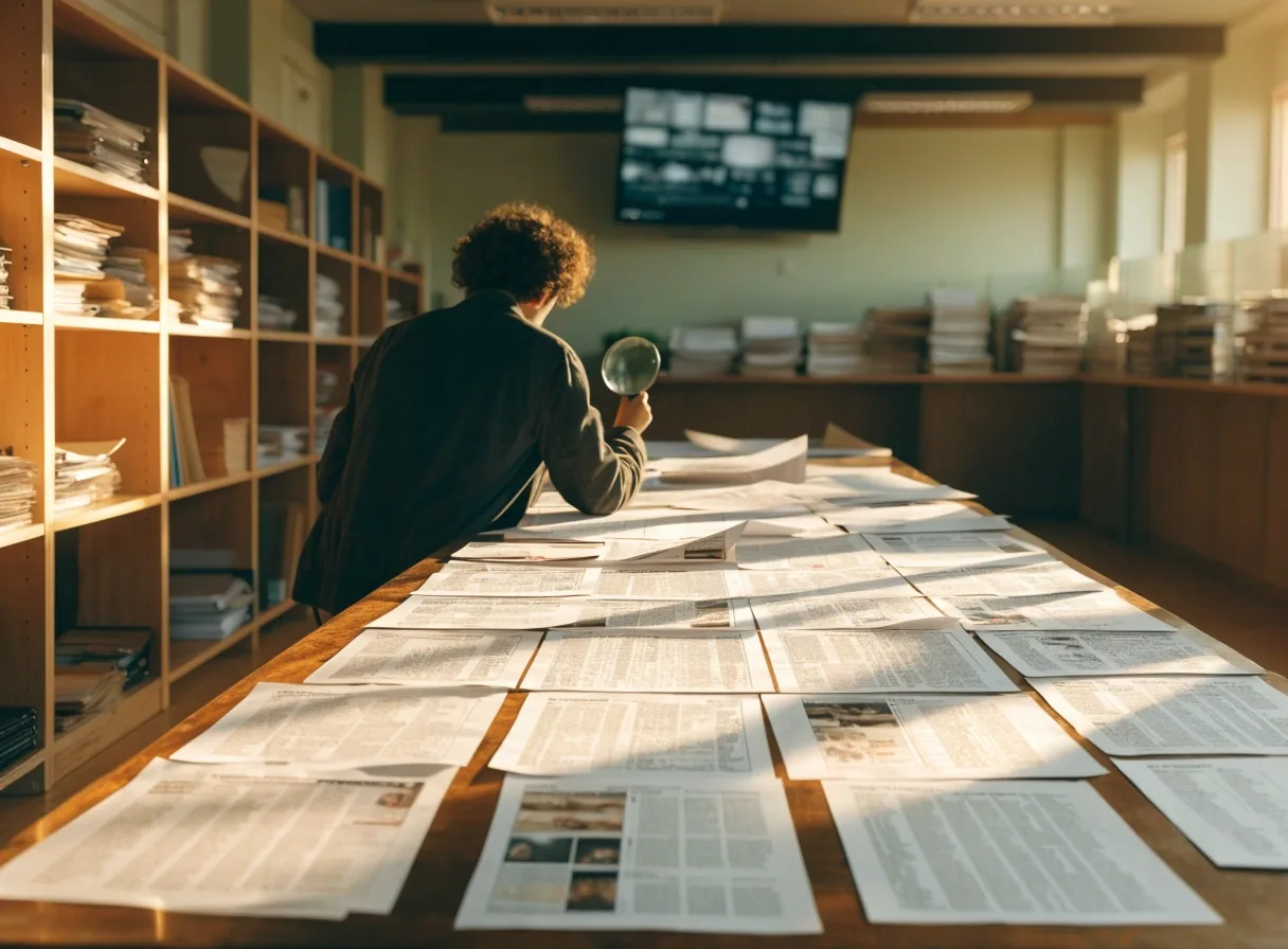 Persona comparando listados de programación impresos en una mesa de redacción